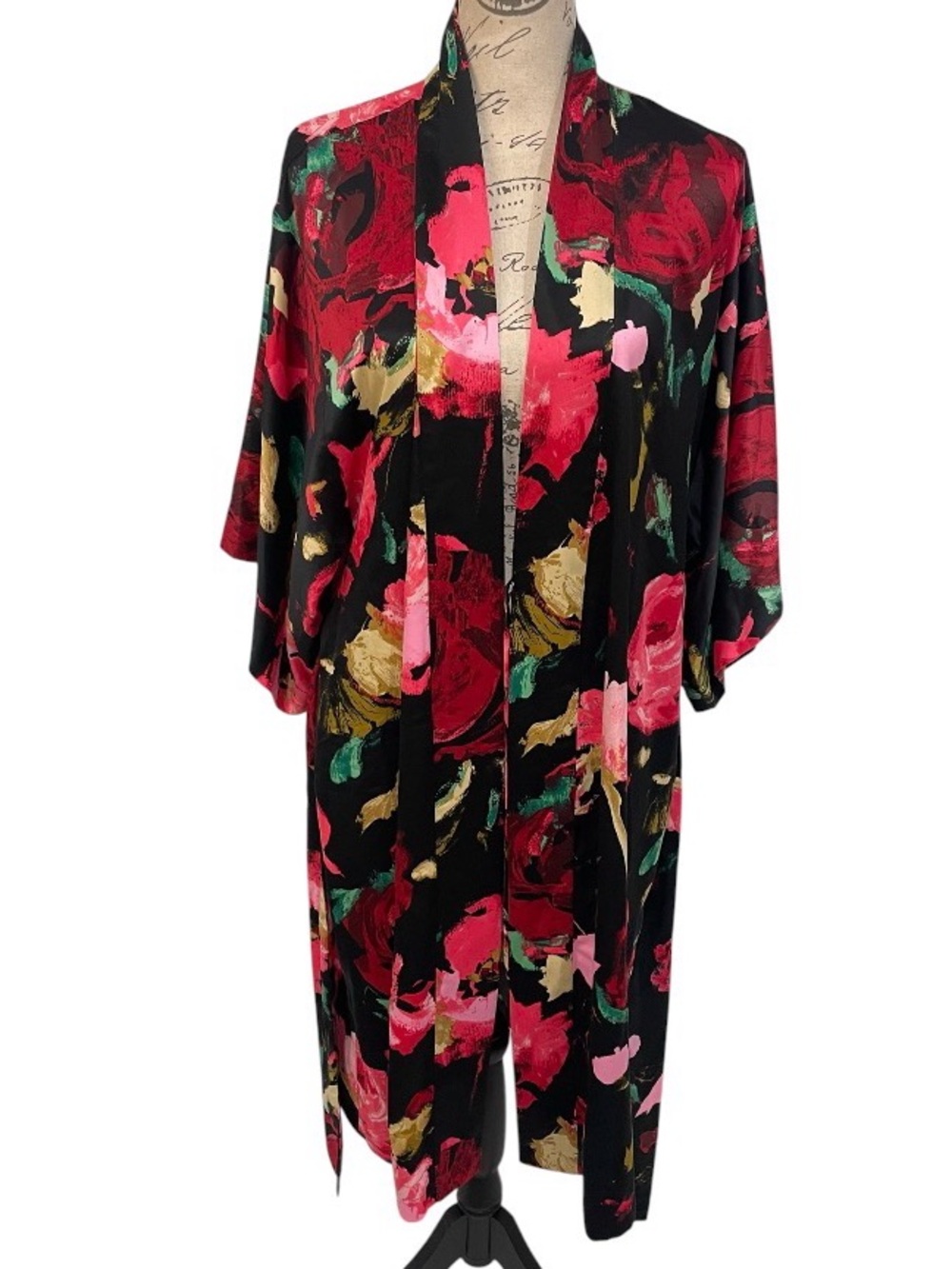 Natori Floral Satin Kimono Robe Black Pink Red Belted Lounge Cover Up Size Small - Picture 10 of 14